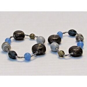 2 Handmade Lampwork Glass Bracelet Brown Blue‎ Swirl Beaded Artisan 6.5in